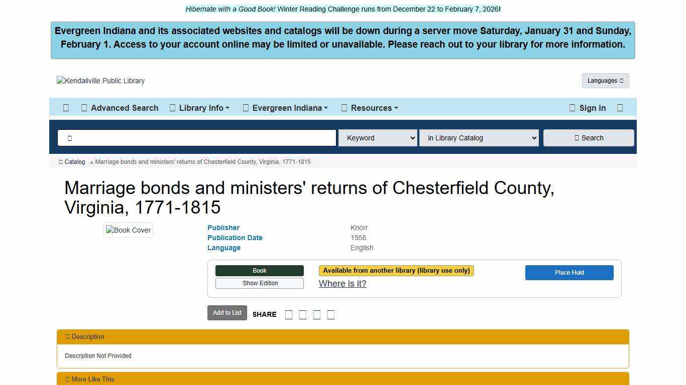 Marriage bonds and ministers' returns of Chesterfield County,... Kendallville Public Library